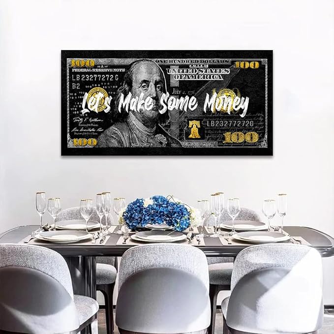Inspirational Framed Office Canvas Art Paintings with Inspiring Sayings Let's Make Some Money Wall Decor for Walls 100 USD Money Canvas Art Easy to Hang-40 inch x20 inch