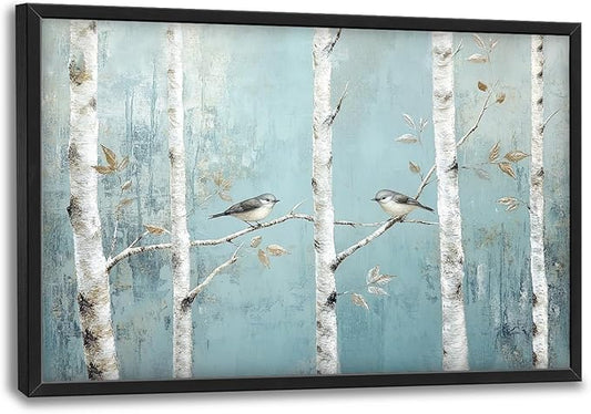 Flintis Large Birch Tree Bird Framed Wall Art Forest Birds Pictures Wall Decor Abstract Natural Landscape Canvas Painting Print Artworks Framed for Living Room Bathroom Master Bedroom 36L X 24W