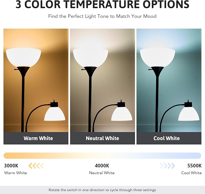VONLUCE Torchiere Floor Lamp, 71" Standing Lamp with Adjustable Reading Lights & 2 Bulbs, 3 Color Temperatures Modern Tall Pole Lamp for Living Room Bedroom Corner, Black