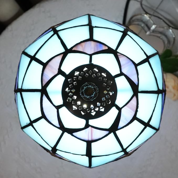 Tiffany Lamp 8 Inch Small Stained Glass Table Lamp Blue Mediterranean Handmade Warm Reading Bedside Lamp Dining Room Bedroom Living Room Office Study Tiffany Style Retro Home Decoration Crafts（feath）
