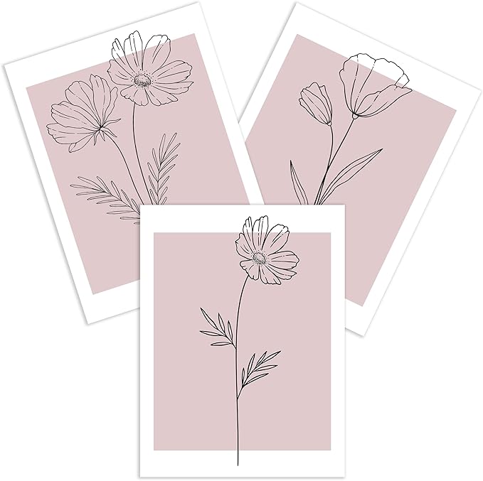 WRFON Unframed Pink Line Flower Canvas Wall Art, Light Pink Botanical Aesthetic Pictures, Minimalist Black Line Floral Poster Prints, Abstract Plants Wall Decor for Girls' Room Apartment 12"x16"x3