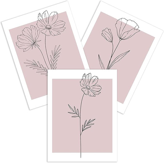 WRFON Unframed Pink Line Flower Canvas Wall Art, Light Pink Botanical Aesthetic Pictures, Minimalist Black Line Floral Poster Prints, Abstract Plants Wall Decor for Girls' Room Apartment 12"x16"x3