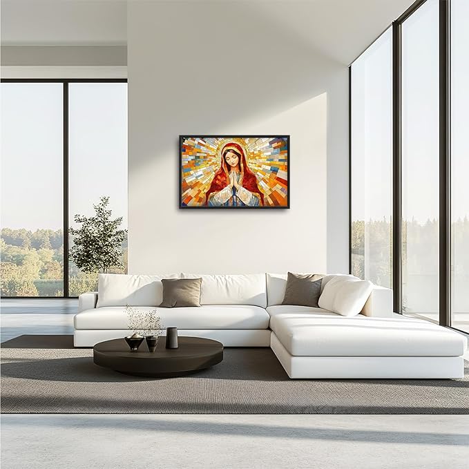 Virgin Mary Wall Art for Living Room, Our Lady of Guadalupe Canvas Wall Decor, Large Jesus Mother Pictures Framed Painting, Catholic Spiritual Artwork for Bedroom Office Home Decor 36L'' × 24W''