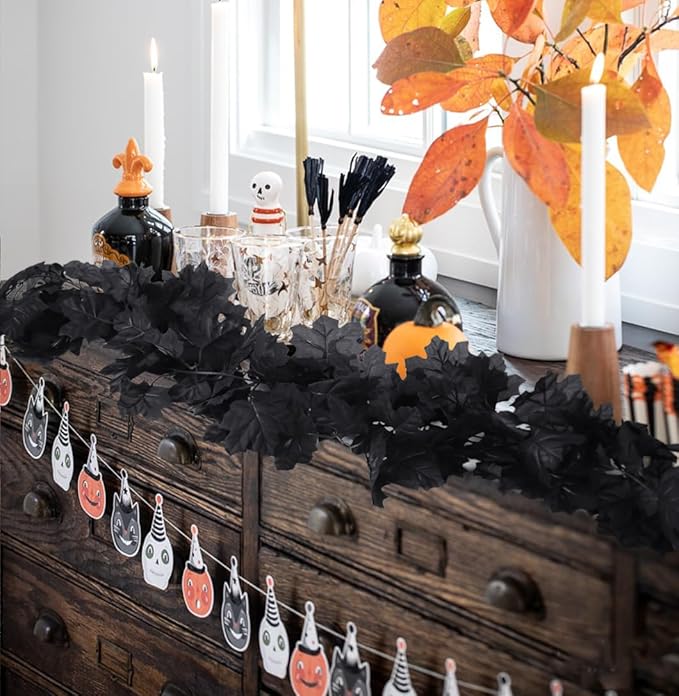 Fall Decor Fake Garland, Black Decorations Halloween Garlands, Autum Wall Hanging Maple Leaves, Artificial Maple Leaf Vine, Halloween Clearance,Fall Decoration for Home(4 Pcs Black)