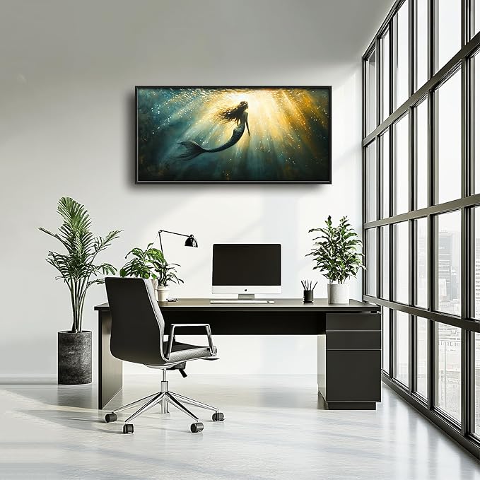 Olivine Mermaid Wall Art, Ocean Pictures Wall Decor, Coastal Painting, Marine Life Canvas Prints, Framed Artwork for Bathroom Bedroom Living Room Office Home Decoration 60"x30"