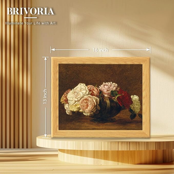 Brivoria Framed Canvas Wall Art Vintage Decor, Antique Floral Still Life Print with Roses and Warm Autumn Background for Entryway Hallway Reading Nook Office or Bathroom Classic Fall Display, 13"x16"