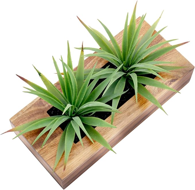 MyGift 10 Inch Artificial Green Grass Plants in Deluxe Acacia Solid Wood Decorative Planter Pot, Faux Greenery in Rectangular Wooden Container