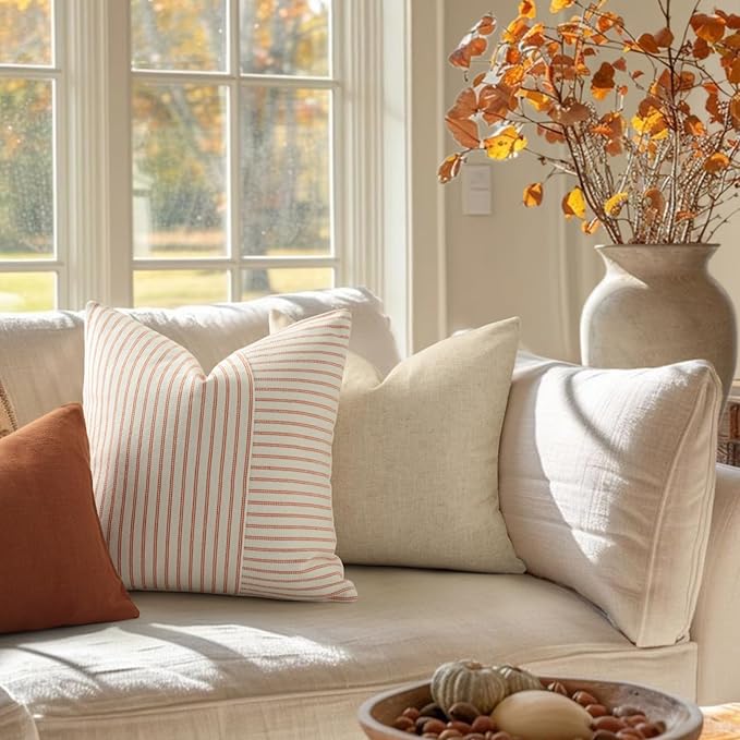 YCOLL Fall Pillow Covers 26x26, Modern Accent Throw Pillow Covers Set of 2, Burnt Orange Striped Patchwork Linen Decorative Pillows Cushion Covers for Fall Decorations