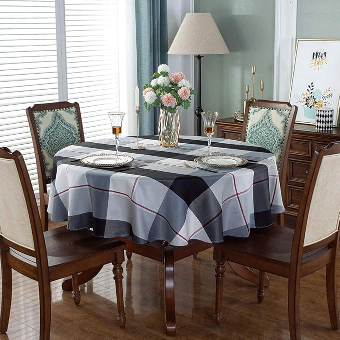 Round Tablecloth Checkered Style Polyester Table Cloth Dust-Proof Wrinkle Resistant Heavy Weight Table Cover for Kitchen Dinning Tabletop Decoration (Round,70" (4-6 Seats), Grey)
