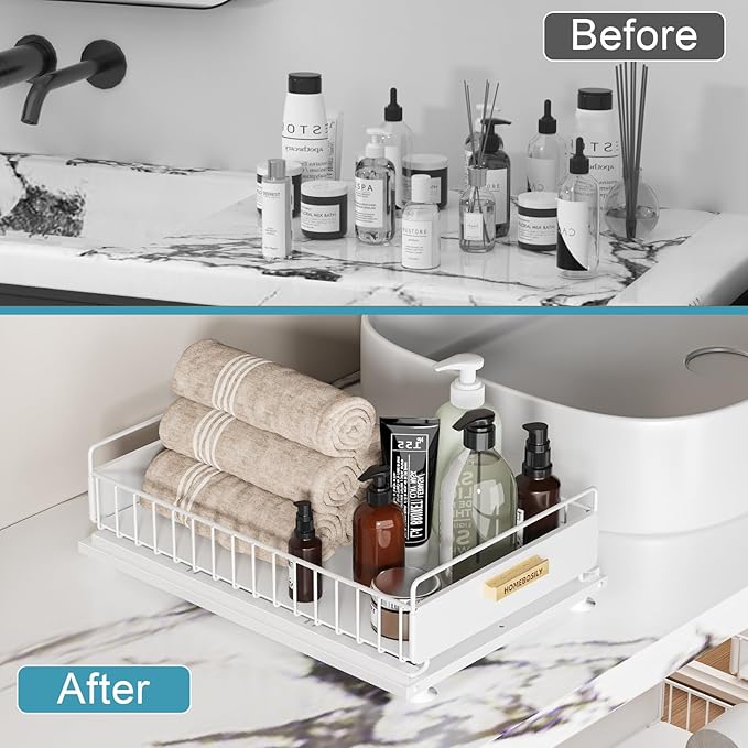 Under Sink Organizer, Kitchen Pull Out Cabinet Organizer, Mute Slide Out Metal Under Sink Organizers and Storage Shelves for Kitchen Bathroom Laundry Cabinet Pantry, White