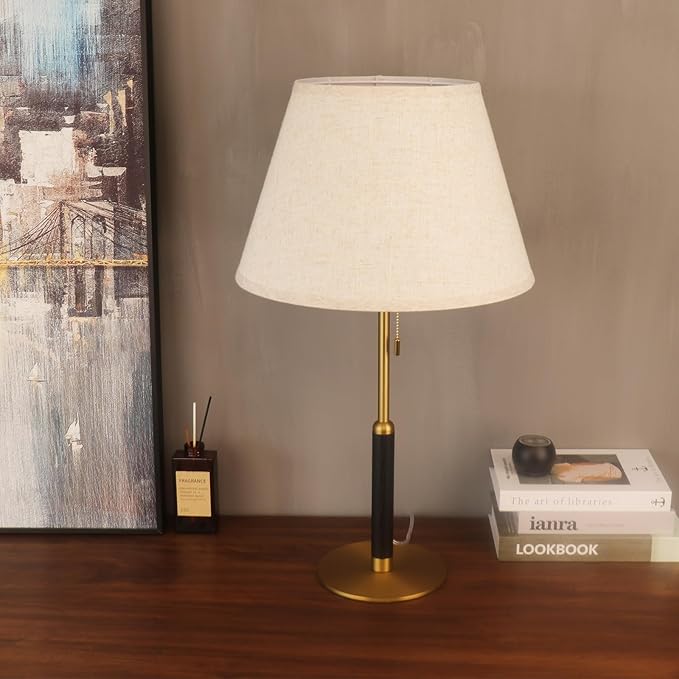 26.4" Living Room Modern Table Lamp Bedside Lamps for Bedroom 3-Color Temperatures Pull Chain Switch Nightstand Lamp for End Tables Wood Fabric for Home/Office/Desk Decor (Light Brown+Brass)