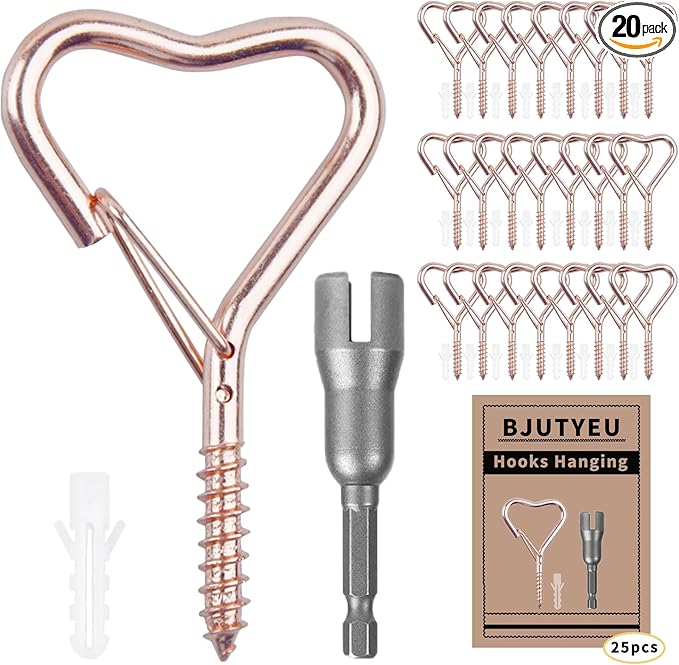 Lamp Wire Hook，Heart-Shaped Screw-in Wall Hooks for Outdoor Decor, Champagne Metal, Key Hook，Decorative Plant Hanging，Clothes Hook (Rose Gold, 25Pcs)