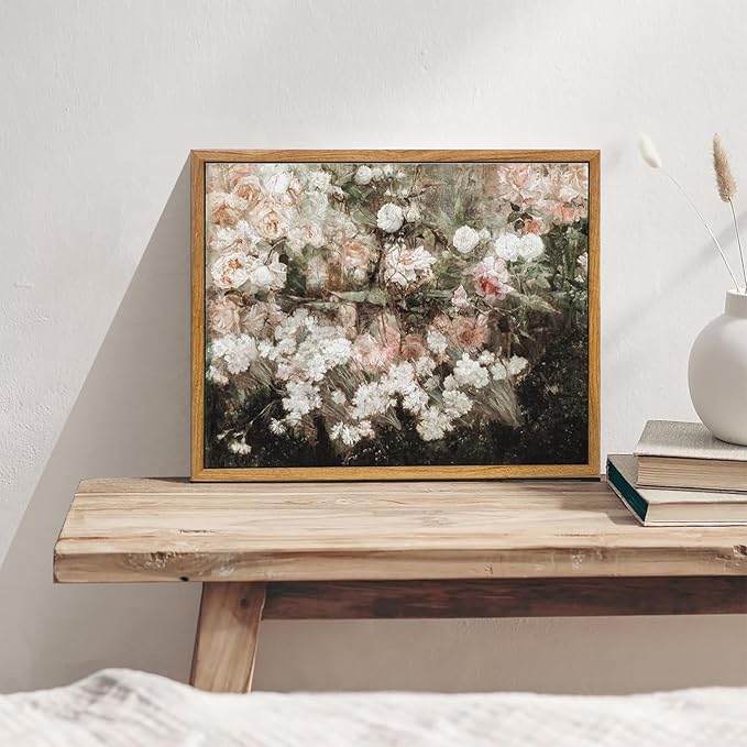 KBKBART Framed Canvas Wall Art for Living Room Bedroom Decor,Vintage Moody Floral Art Print Flower Rose Garden Canvas Painting, Rustic Bathroom Decor, Classical Vintage Wall Art(12"x16")
