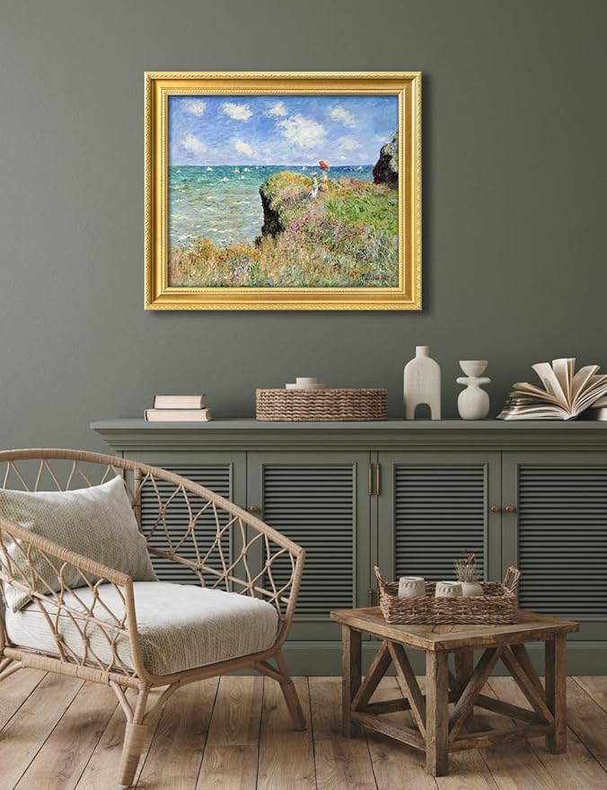 DECORARTS - Claude Monet The Cliff Walk At Pourville Giclee Print with Gold Solid Wood Frame, Impressionist Large Framed Wall Art, Ready to Hang, Framed Size28.75x24.75, Made in USA
