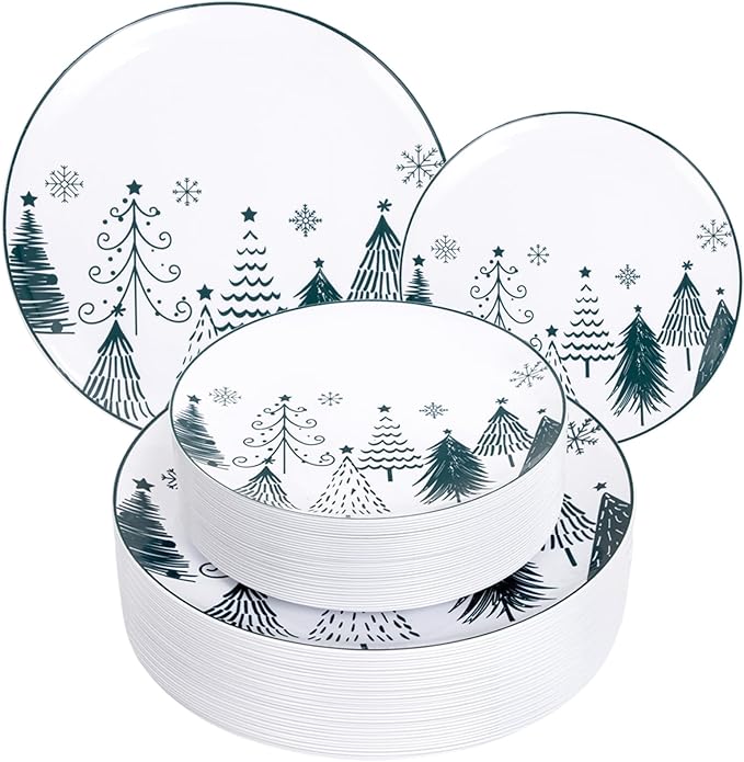 FLOWERCAT 100PCS Christmas Plates & Christmas Tree Plates - Heavy Duty Christmas Plastic Plates Disposable for Party - Include 50PCS 10.25inch Christmas Dinner Plates - 50PCS 7.5inch Dessert Plates
