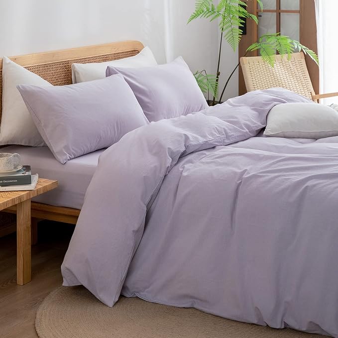 BESTOUCH Duvet Cover Set 100% Washed Cotton Linen Feel Super Soft Comfortable Chic Lightweight 3 PCs Home Bedding Set Solid Taro Purple Oversized Queen
