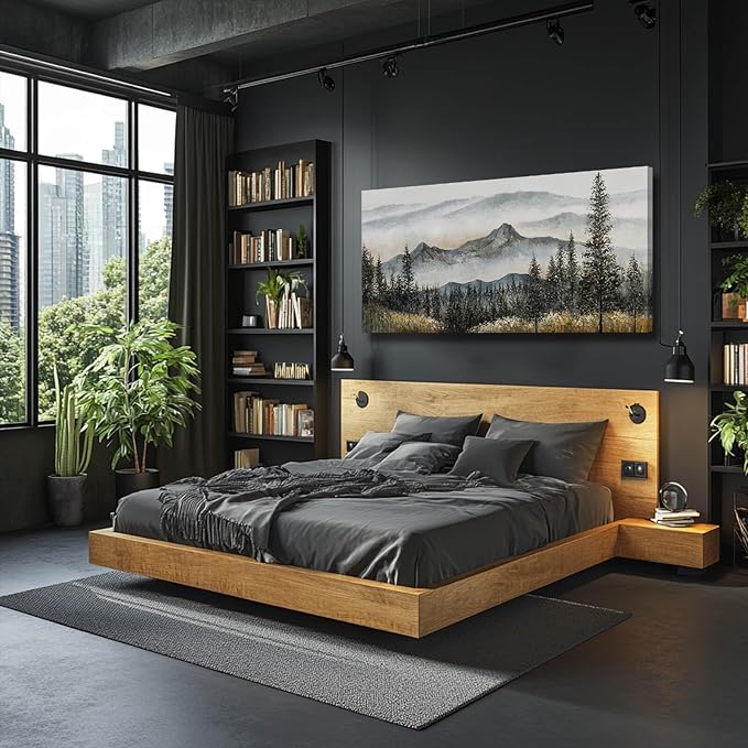 Foggy forest Wall Decor,Framed Canvas Wall Art, Large Artwork Green Mountain Pictures Boho Pine Tree Wall Painting Mountains Landscape Art for Home Living Room Office 29"x58"