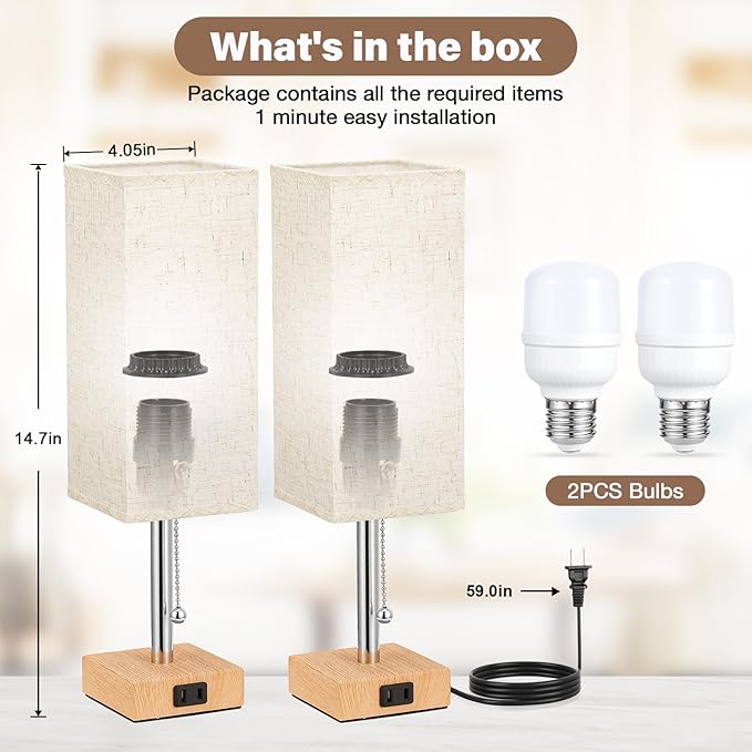Table Lamp for Bedroom Set of 2 Nightstand - 3 Color Bedside Lamps with AC Outlets for Charging, Square Wooden Night Stand Light Lamp for Living Room, Office Desk