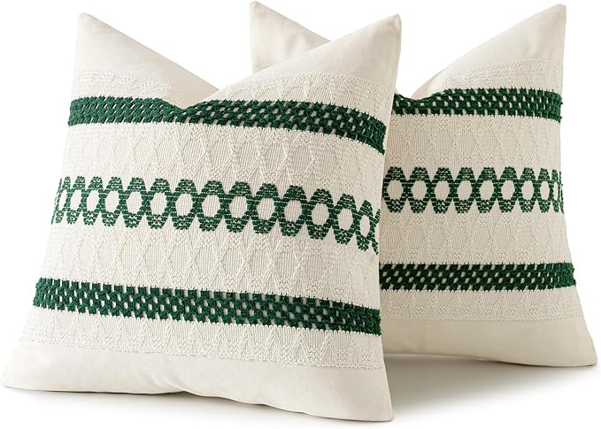 MIULEE Set of 2 Dark Green Boho Christmas Decorative Pillow Covers 18x18 Inch Farmhouse Rustic Couch Throw Pillows Modern Spring Cotton Cushion Cover Retro Macrame Woven Home Decor for Bed Sofa Chair