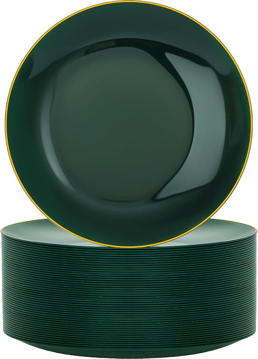 Nervure 100Pcs Green and Gold Plastic Plates - 10.25inch Disposable Green Dinner Plates - Heavy Duty Plastic Plate Ideal for Wedding & Party & Christmas