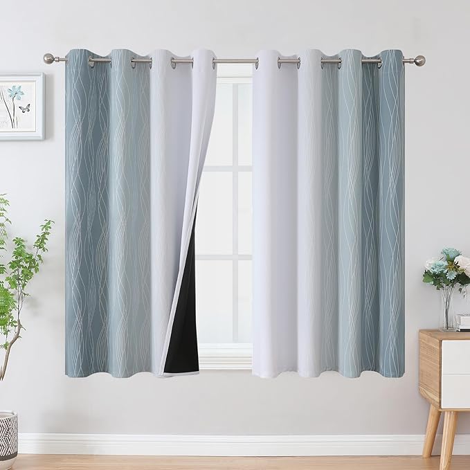 Estelar Textiler Stone Blue and Greyish White Blackout Curtains 54 Inch Length, Light Blocking Gradient Grommet Drapes for Living Room, Thermal Insulated Ombre Curtains for Bathroom,52Wx54L,2 Panels