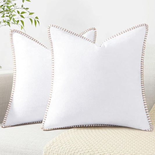 decorUhome Chenille Soft Throw Pillow Covers 18x18 Set of 2, Farmhouse Velvet Neutral Decorative Euro Pillow Covers with Stitched Edge for Couch Sofa Bed Home Decor, White