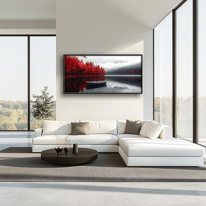 Olivine Lake Large Wall Art, Red Forest Pictures Wall Decor, Black And White Landscape Paintings, Boat Canvas Prints, Framed Artwork for Dining Room Bedroom Living Room Office Bathroom Home 60"x30"