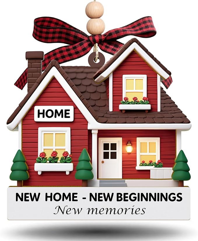 New Home Ornament - Red Wooden Housewarming Gift for Homeowners, Couples & Friends - New Home New Beginning First Christmas House Ornament
