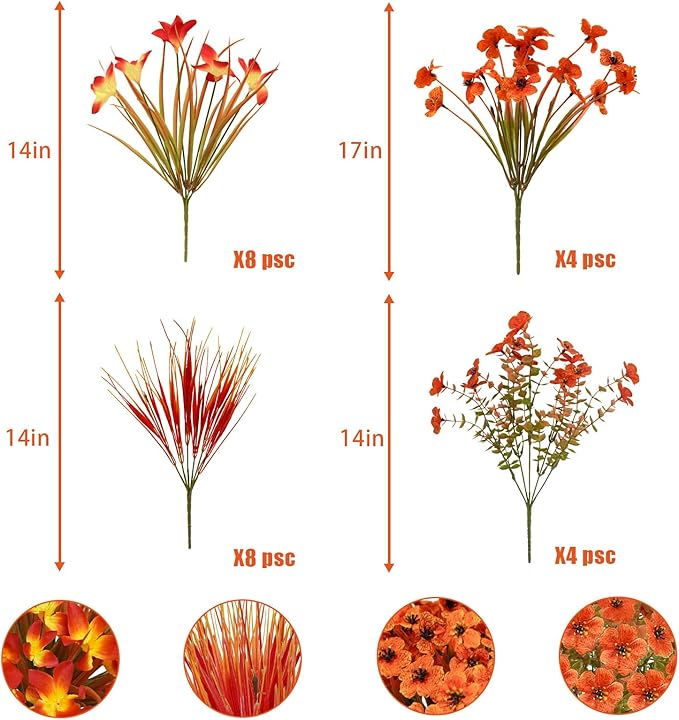24 Pcs Fake Fall Flowers for Outdoors UV Resistant Artificial Fall Flowers Faux Fall Plants Decorations for Outside Home Porch Planter Patio Window Box Fall Decor