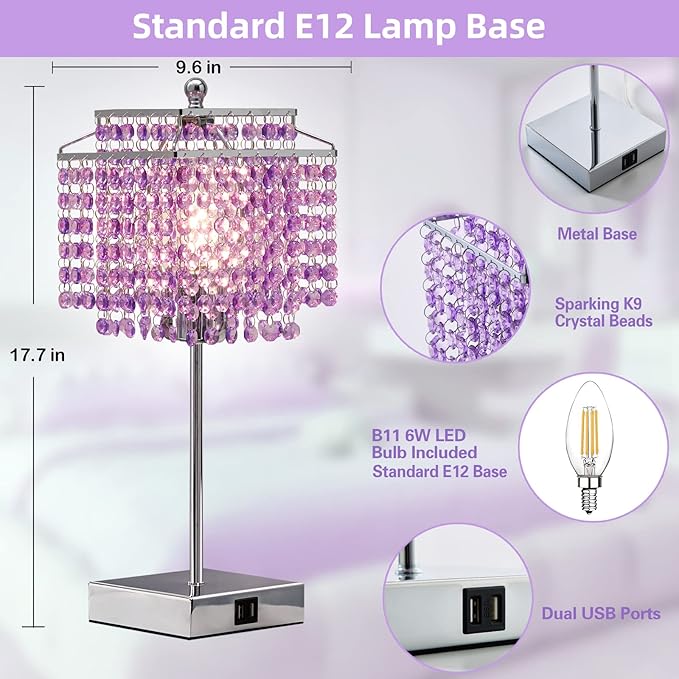 Luvkczc Purple Bedside Crystal Table Lamp Set of 2, Touch Control Lamps, 3-Way Dimmable Lamp with Crystal Shade for Bedroom, Girl Living Room, 6W B11 Bulb Included