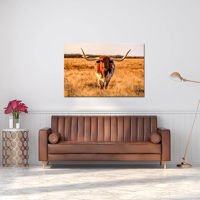 Longhorn Canvas Wall Art Highland Cattle in Sunset Picture Prints Farm Animal Cow in Autumn Grassland Prairie Painting Modern Home Farmhouse Decoration Giclee Artwork Framed 32x48inch