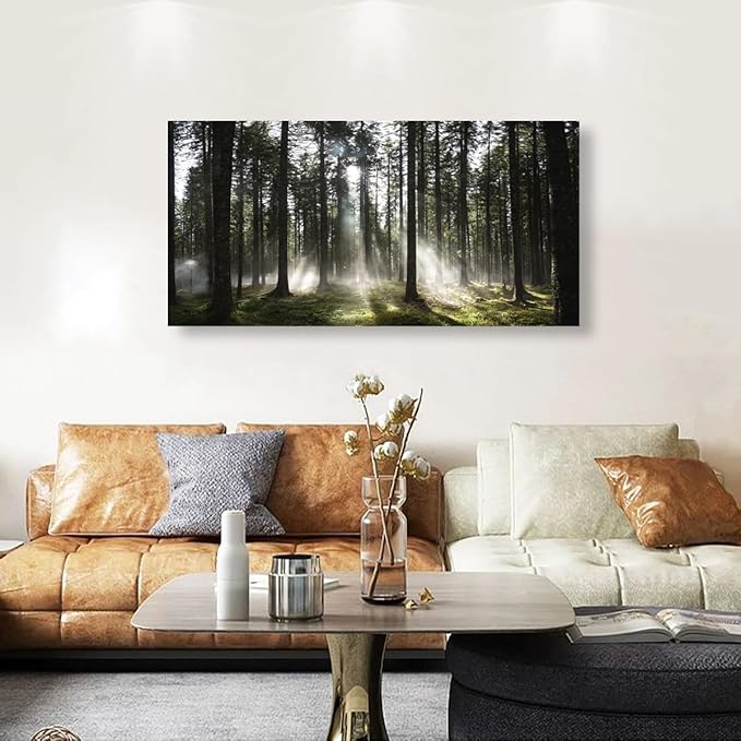 Sunlight Forest Pictures Canvas Wall Art for Living room Office Bedroom Wall Decor,Forest Wall Art Print Paintings Modern Darkly Green Nature Landscape Artwork Waterproof Ready to Hang-24x48 inch