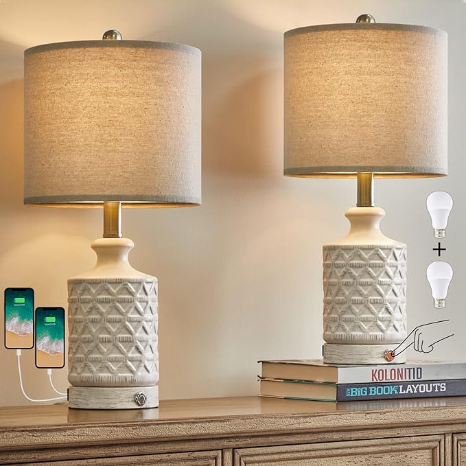 PoKat 20" Bedroom Lamps Set of 2, 3 Way Dimmable Farmhouse Table, Ceramic Nightstand Lamps for Living Room, Bedside Lamps for Bedroom End Table White