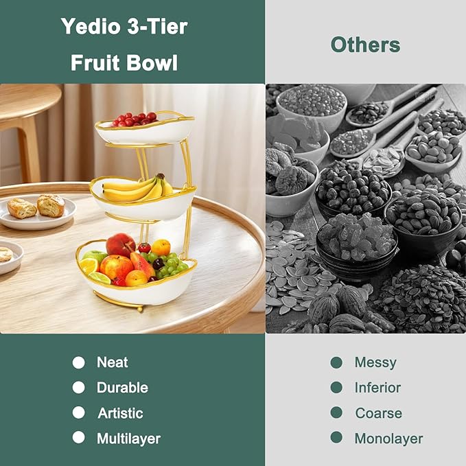 3 Tier Fruit Bowl for Kitchen Counter, Ceramic Serving Bowls with Gold Metal Stand, Tiered Fruit Basket Display Rack for Fruits Vegetable Snack Nuts Cake Dessert Storage