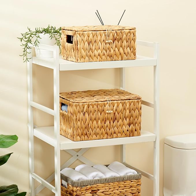 Wicker Basket with Lid, Water Hyacinth Storage Baskets for Shelves, Large & Small Storage Basket with Lid and Built-in Handles, Hand Woven Hyacinth Baskets 2 Pack