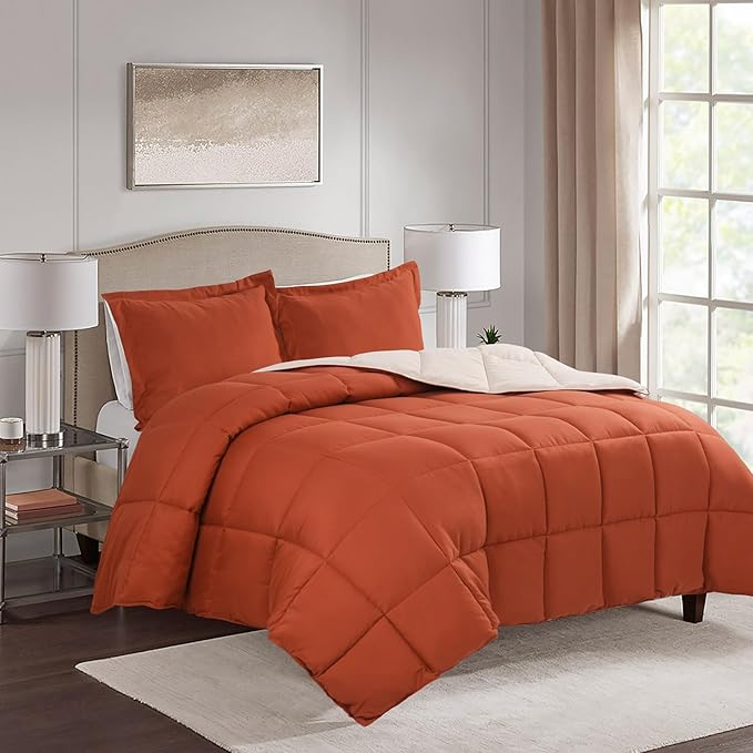 HIG 3pc Burnt Orange Queen Size Comforter Set - All Season Reversible Down Alternative Comforter with Sham - Quilted Duvet Insert with Corner Tabs - Box Stitched - Breathable, Soft, Fluffy