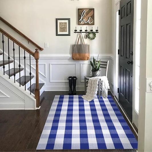 SEEKSEE Cotton Buffalo Plaid Rug 4'x6' Blue and White Hand Woven Checked Rug Washable Doormats Indoor Outdoor Rugs for Layered Front Door Mats, Porch, Kitchen, Farmhouse, Entryway