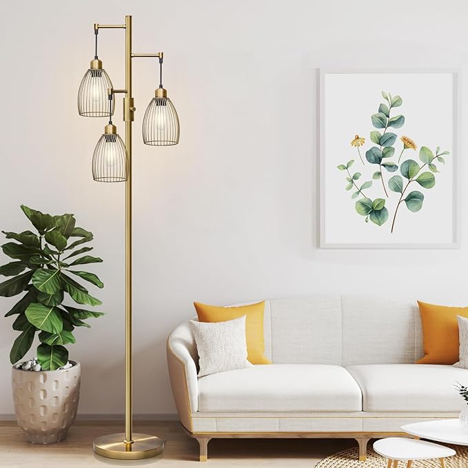 Dimmable Floor Lamp, Industrial Floor Lamps for Living Room, Antique Brass Tree Lamp Standing Lamp Tall Lamps with 3 Elegant Teardrop Cage Head & 800 Lumens LED Bulbs for Living Room Bedroom Office