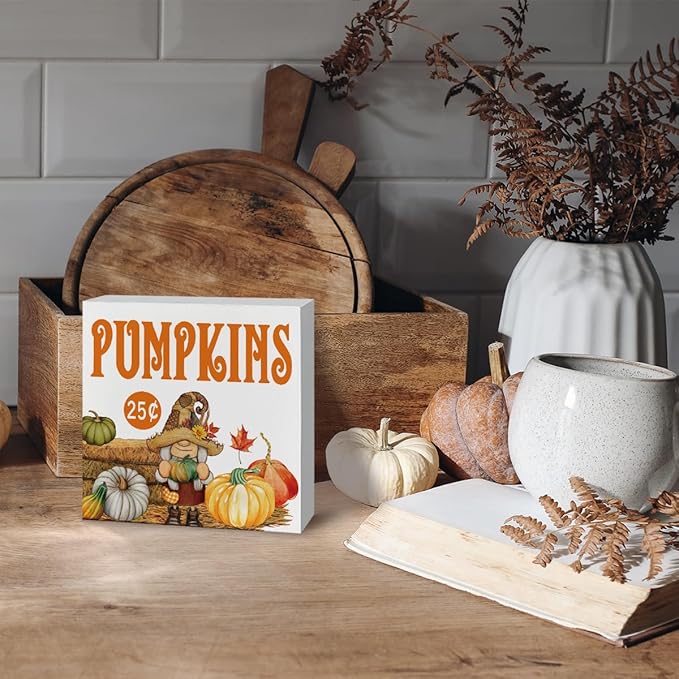 Fall Home Decor, Gnome Decors, Autumn Thanksgiving Wooden Sign, Pumpkin Artwork Decor for Home Office, Decorative Wooden Box Signs, Rustic Tabletop Decors, Pumpkin Wood Signs A6