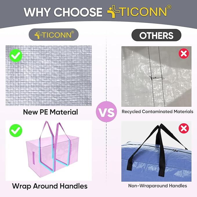 TICONN 4 Pack Extra Large Moving Bags with Zippers & Carrying Handles, Heavy-Duty Storage Tote Moving Boxes for Space Saving (4 Pack, Pink)