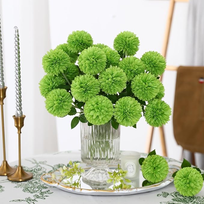 Floweroyal 24pcs Green Flowers Artificial Chrysanthemum Ball Silk Hydrangea Flowers Bridal Wedding Bouquet for Home Garden Party Office St Patricks Day Decor