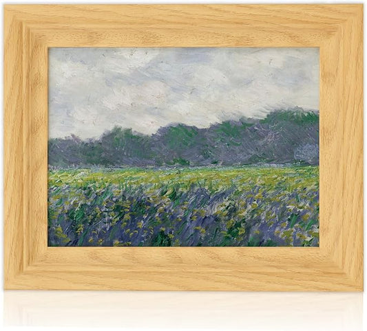 Brivoria Framed Canvas Wall Art Vintage Decor, Impressionist Field Scene with Yellow Irises Purple Wildflowers and Cloudy Sky for Kitchen Entryway Shelf Display or Tabletop Decoration, 8"x10"