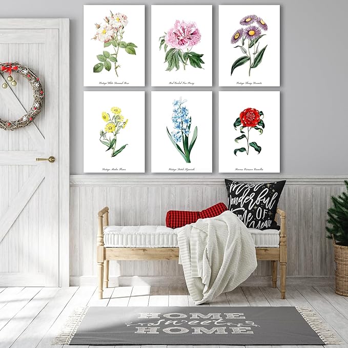 COSCTOR Set of 6 Botanical Floral Wall Art Decor Vintage Flower Market Canvas Framed 6 Pieces Green Plant Sage Minimalist for Bedroom Living Room Bathroom Hallway Home Decoration(Framed, 12x16)
