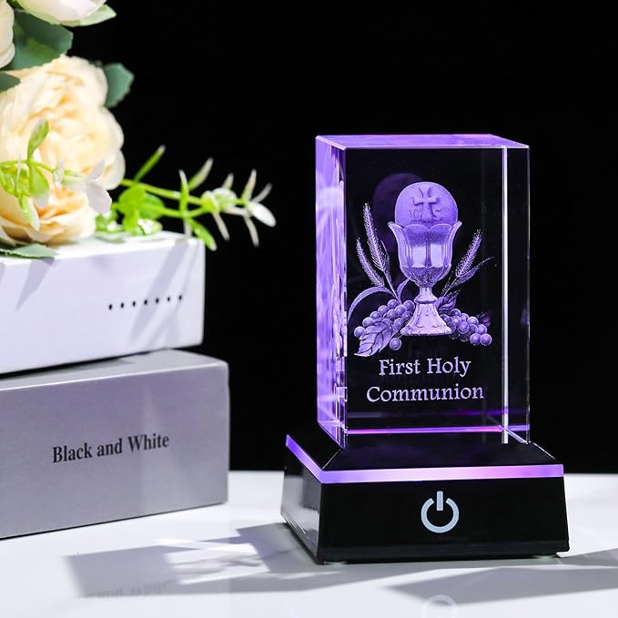 Movdyka 3D Crystal First Communion Gifts for Girls Boys Decorations Laser Engraved 3D Holy Grail Figurine Catholic Baptism Gifts with Colorful LED Base