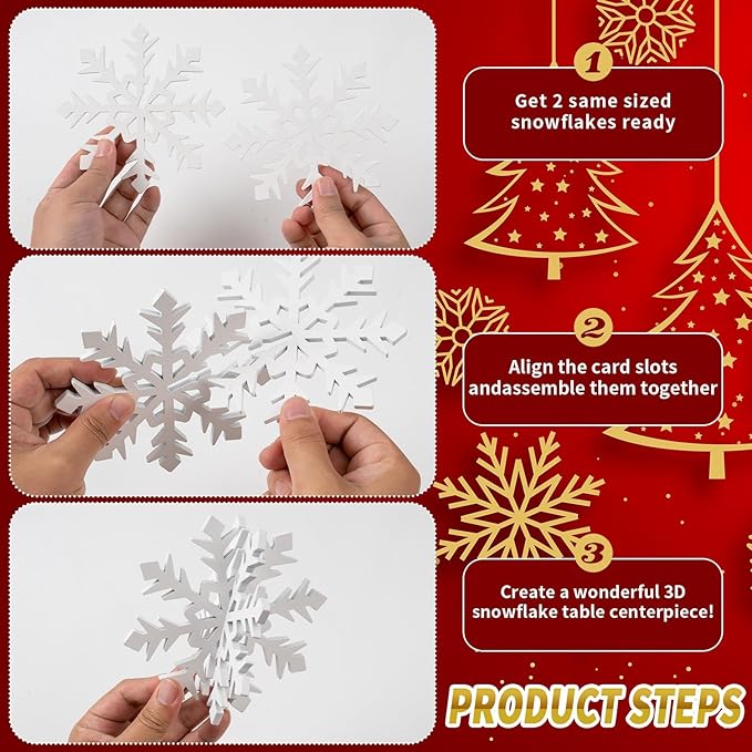 OuMuaMua 12 Set Winter Christmas Centerpiece Table Decorations - 24pcs Wooden Snowflakes Decor 3D White Snowflake Tabletop Decor for Xmas Holiday Tiered Tray Desk Winter Farmhouse Home Decor