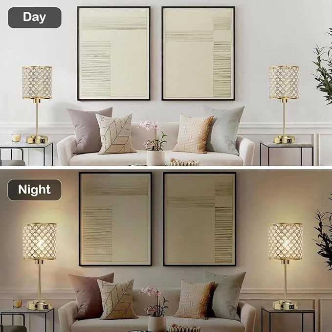 GyroVu Crystal Table Lamp, Crystal Touch Control with USB-C+A Ports, 3 Way Dimmable Gold Bedside Lamp with Bulb