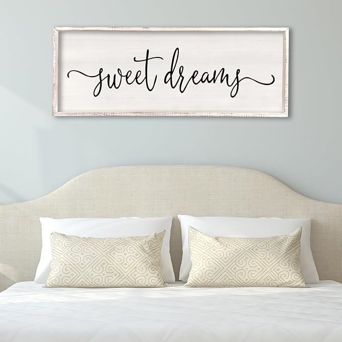 Surfapans Sweet Dreams Wall Decor Above Bed 32"x12" ofr Master Bedroom Guest Room Wood Rustic Framed Wall Art Sign (White)