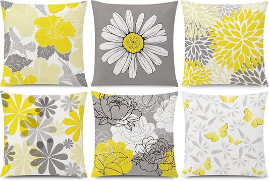 COMMINY Yellow Grey Pillow Covers 20x20 Set of 6, Daisy Flower Throw Pillow Cover Case Rustic Square Cushion Cover for Sofa Bedroom Living Room Farmhouse Home Decor