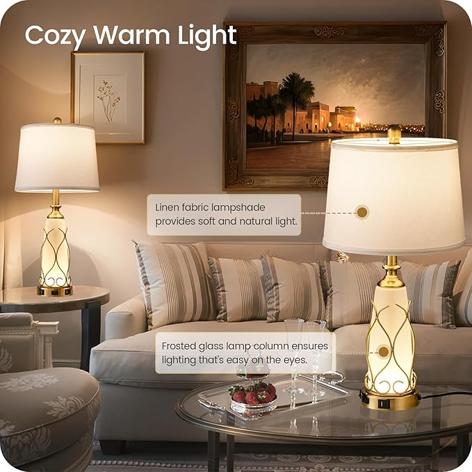 25.6" Glass Gold Table Lamps Set of 2, Tall Bedside Lamps with Nightlight, Modern Nightstand Lamp with USB Ports, Desk Lamp for Bedroom, Living Room, Office, LED Bulbs Included W02TL05