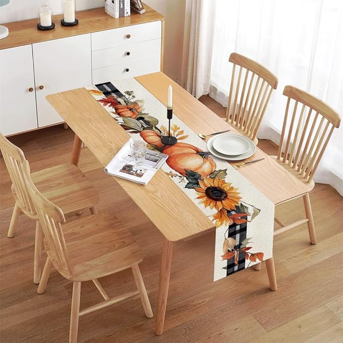 ANNA QUEEN Pumpkin Sunflower Table Runner 13 x 72 Inch for Dining Table, Table Runner for Seasonal Autumn Kitchen Dining Table Decoration for Home Party Decor Thanksgiving Harvest